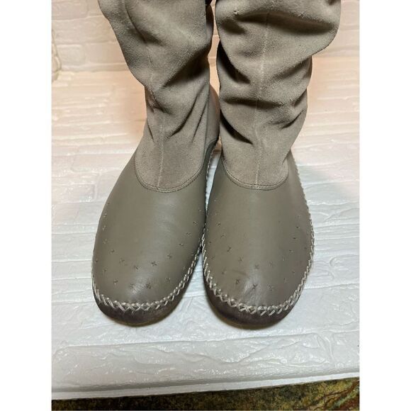 LACOSTE Cara Grey Beige Suede Leather Mid Calf Moccasin Slouch Boots - Picture 7 of 14